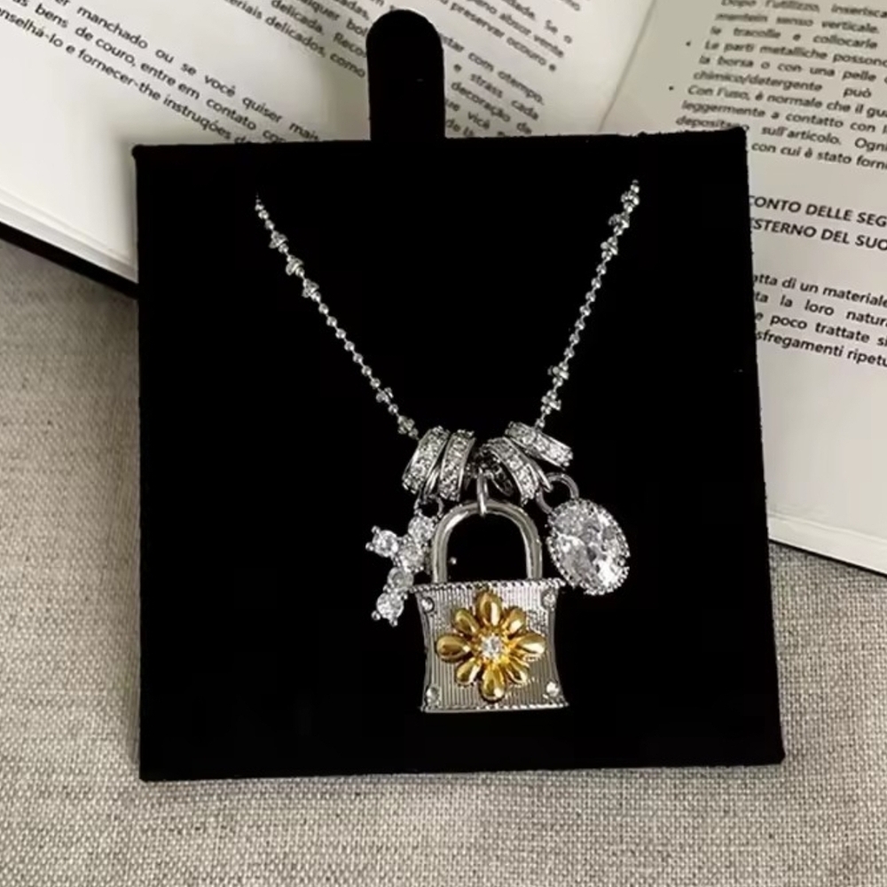Silver Padlock Charm Necklace with Yellow Flower - Picture 3 of 3